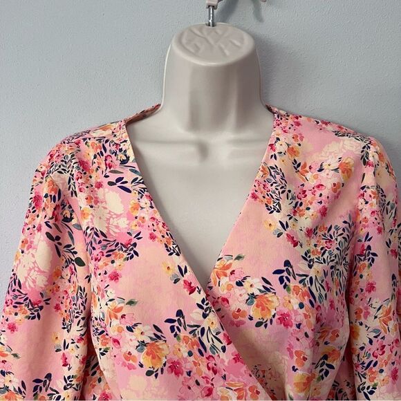 Topshop Salmon Floral Wrap Shirt Size 8 - Picture 2 of 11